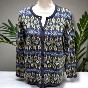 Appleseeds Petites Fair Isle Floral Embroidered Cotton Cardigan Navy‎ Blue PM